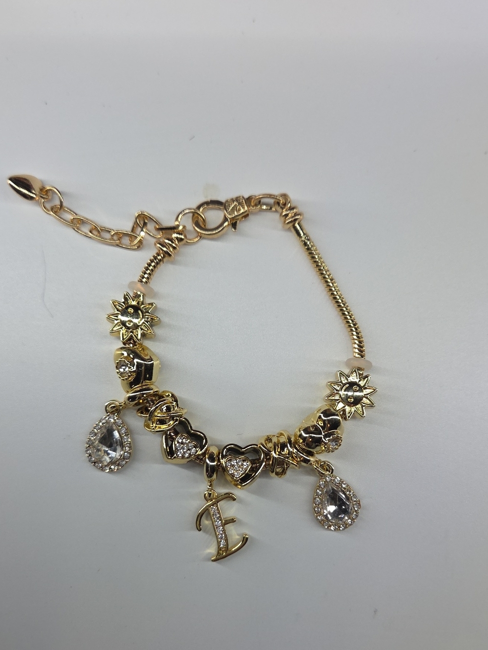Gold Tone Charm Bracelet with Clear Teardrop Crystals W/extender Chain